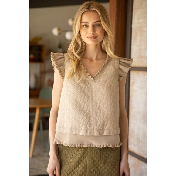 Voy Tops - VOY ELASTIC BANDED RUFFLE VEST TOP (Color: Taupe)